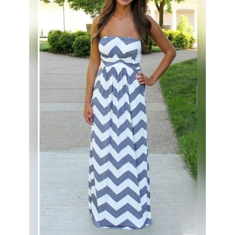 Fashionomics L Strapless White Gray Chevron Maxi Dress 3915-
